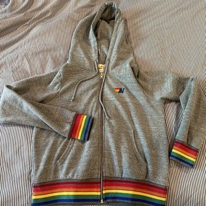 Aviator Nation Women's Rainbow Rib zip hoodie with rainbow cuffs